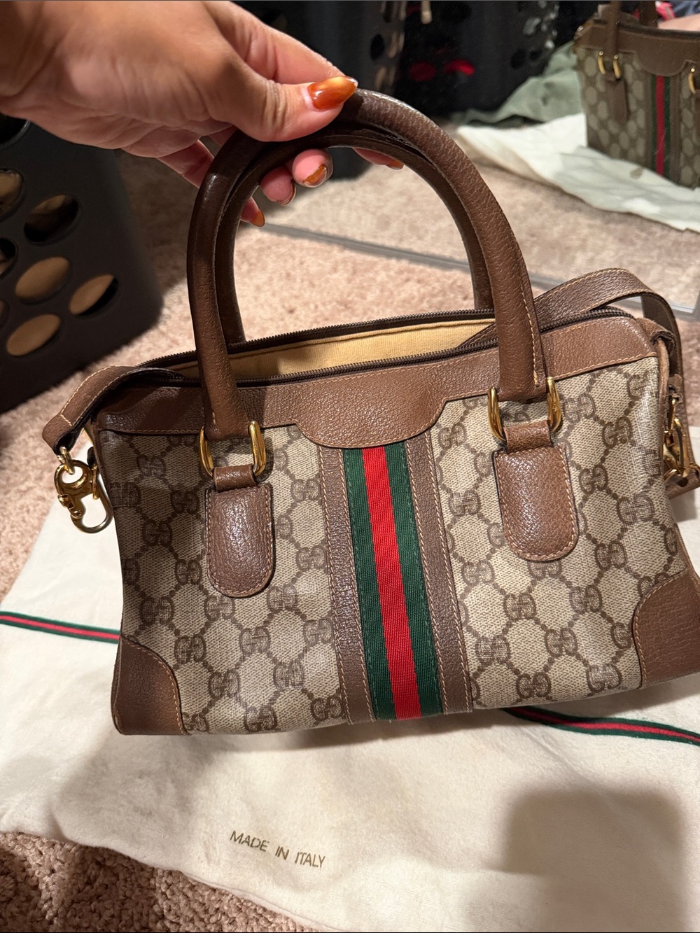 Gucci Brown GG Supreme Canvas Top Handle Satchel with Green-Red Web - Picture 6 of 14
